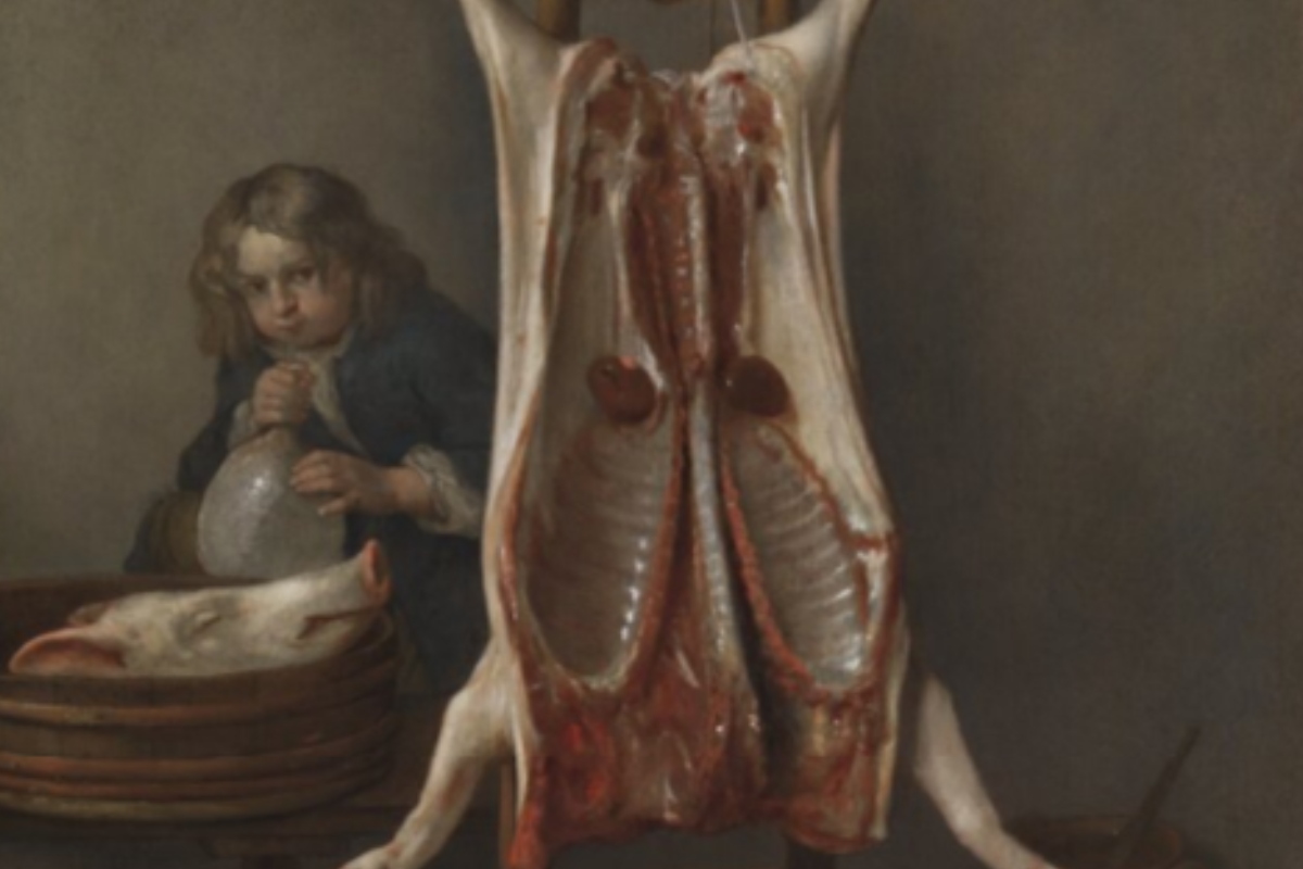 In the painting, a butchered pig hangs in the foreground, its ribs exposed, while a child in the background blows into a pig’s bladder beside a severed head.